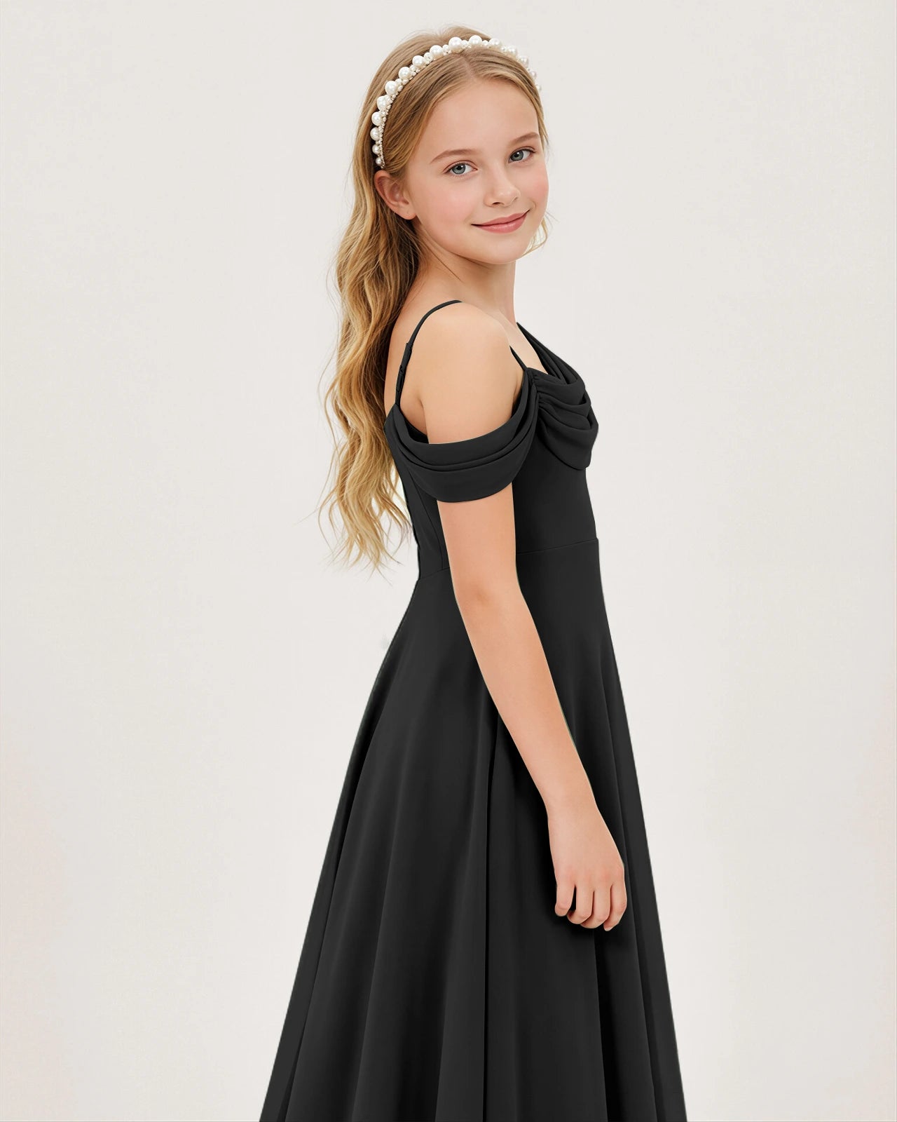 Black Chiffon A-line Junior Bridesmaid Dress Side View