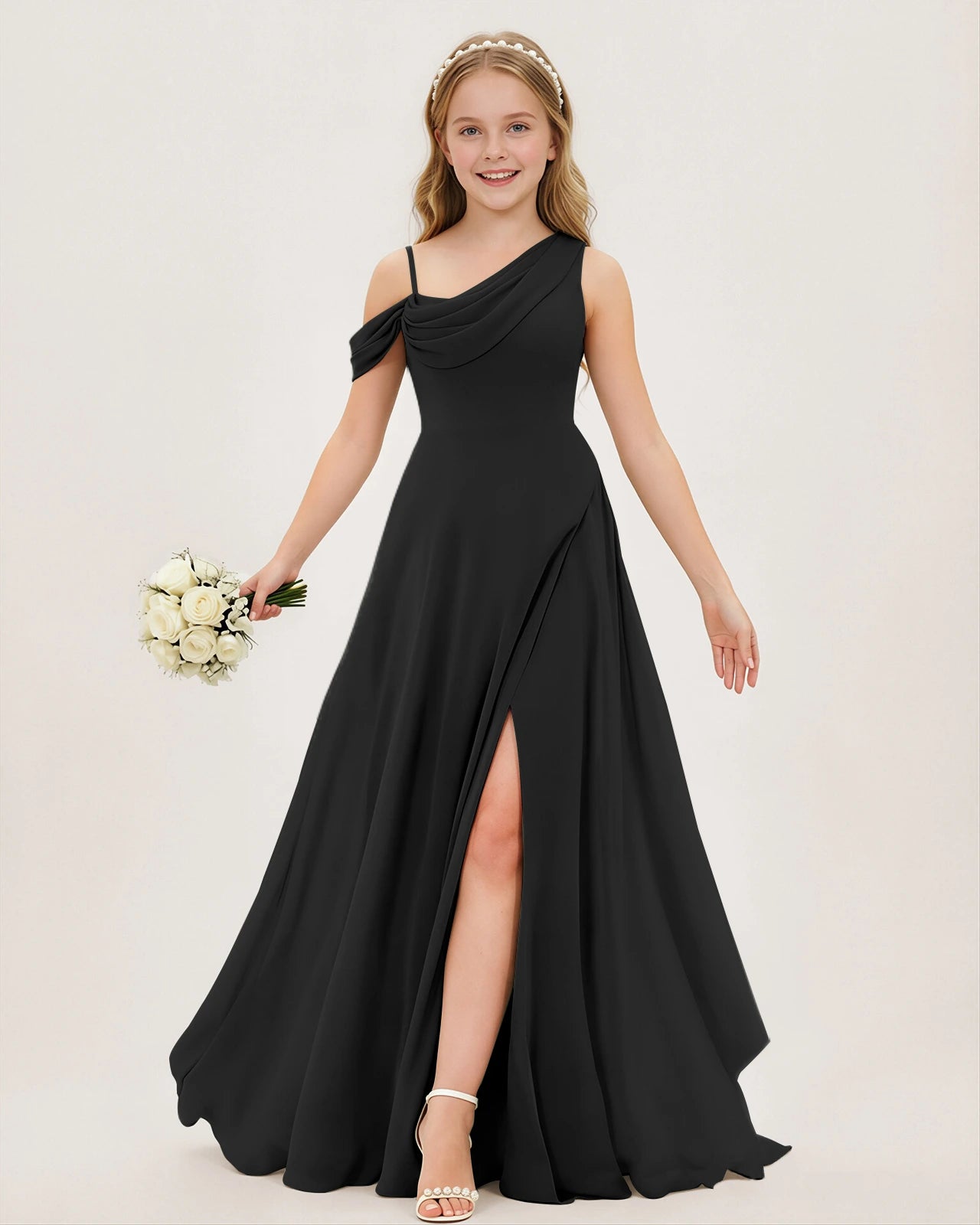 Black Chiffon A-line Junior Bridesmaid Dress Front View