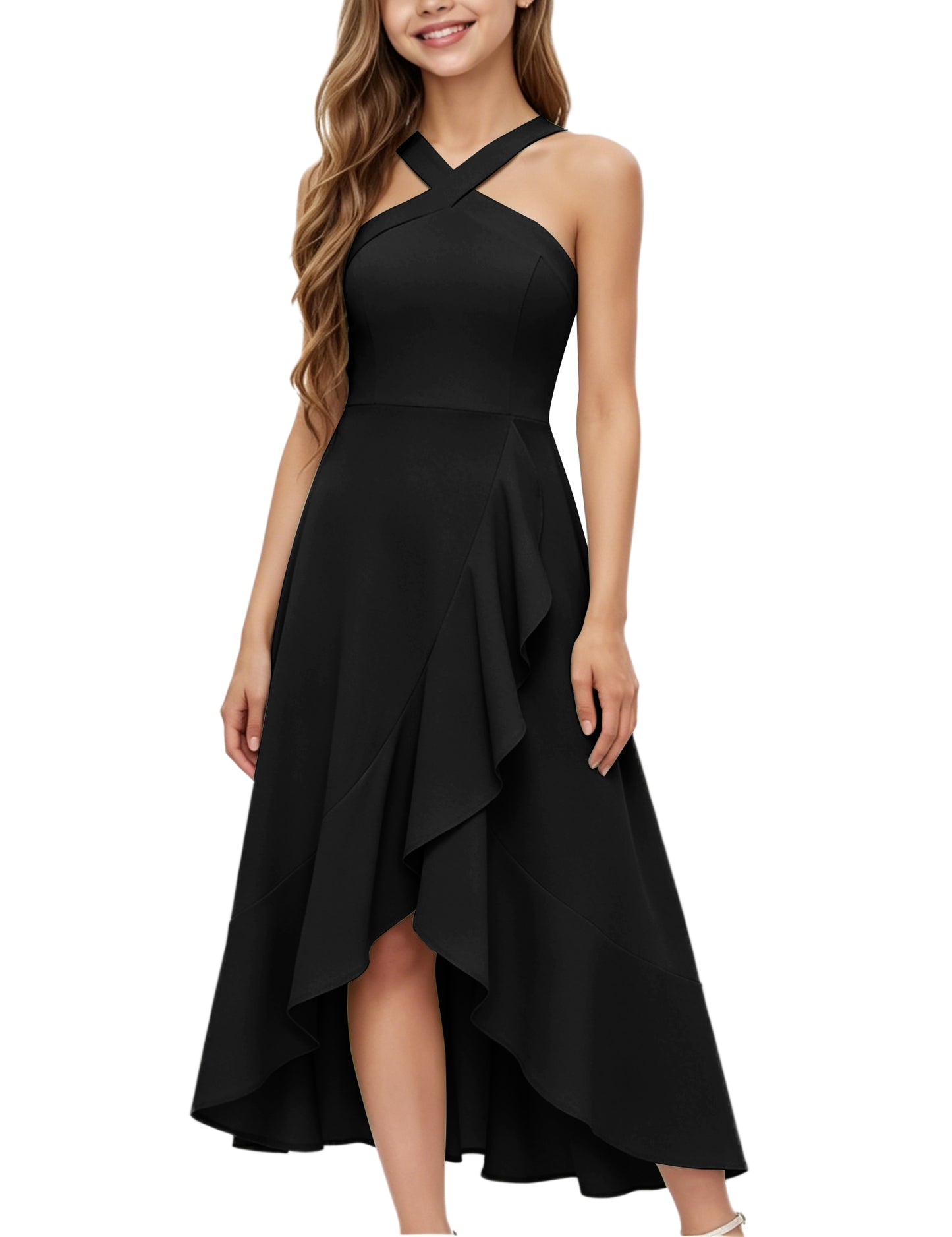 dideyttawl Halter Chiffon Junior Bridesmaid Dresses for Wedding A-Line High Low Flower Girls Formal Party Dress with Slit 2608