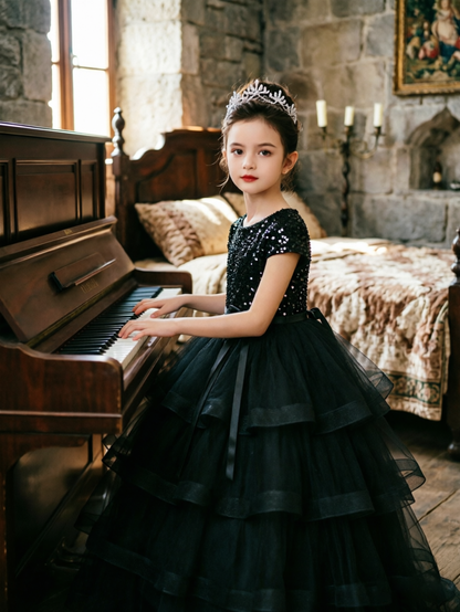 Dideyttawl Puffy Flower Girls Dress Sequins Flower Girl Dresses Sparkly Cap Sleeves Junior Bridesmaid Dress 648
