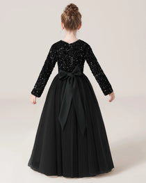 Black Back Sequin Long Sleeve Flower Girl Dress