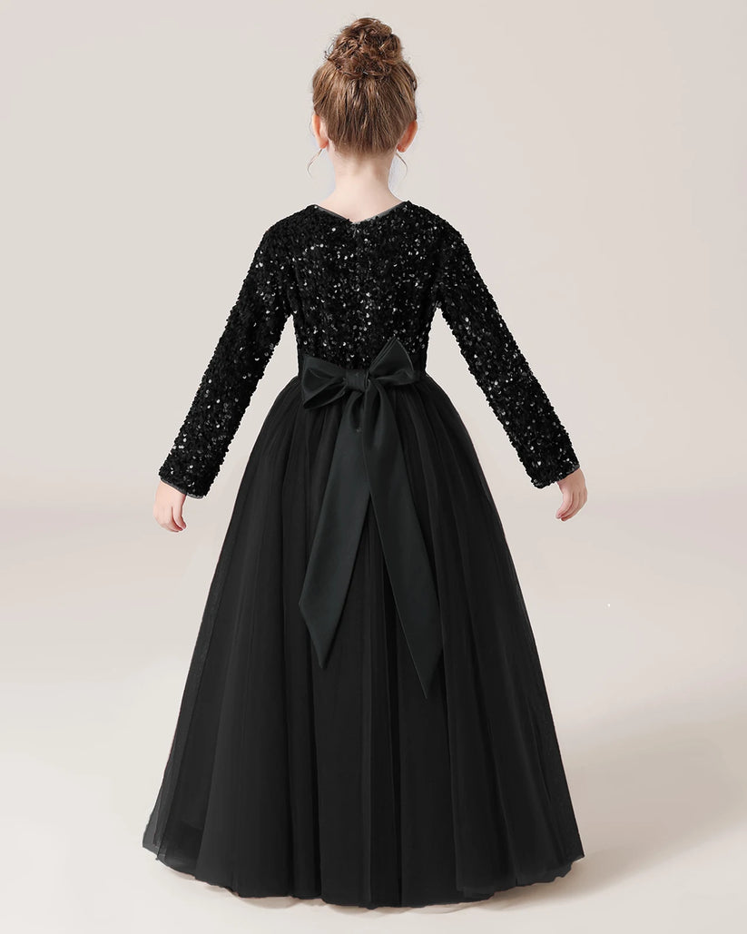 Black Sequin A-line Girls Formal Dress Back View