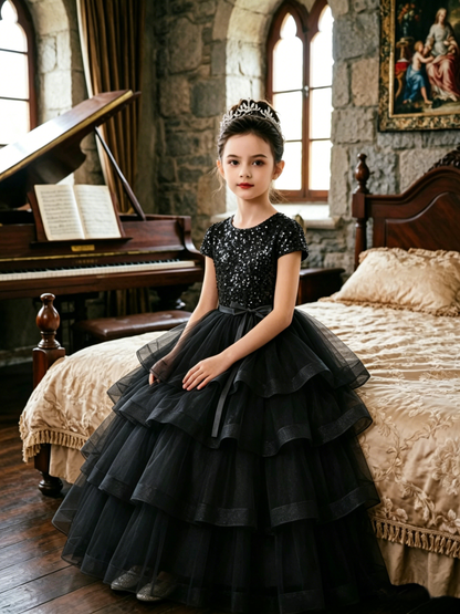 Dideyttawl Puffy Flower Girls Dress Sequins Flower Girl Dresses Sparkly Cap Sleeves Junior Bridesmaid Dress 648
