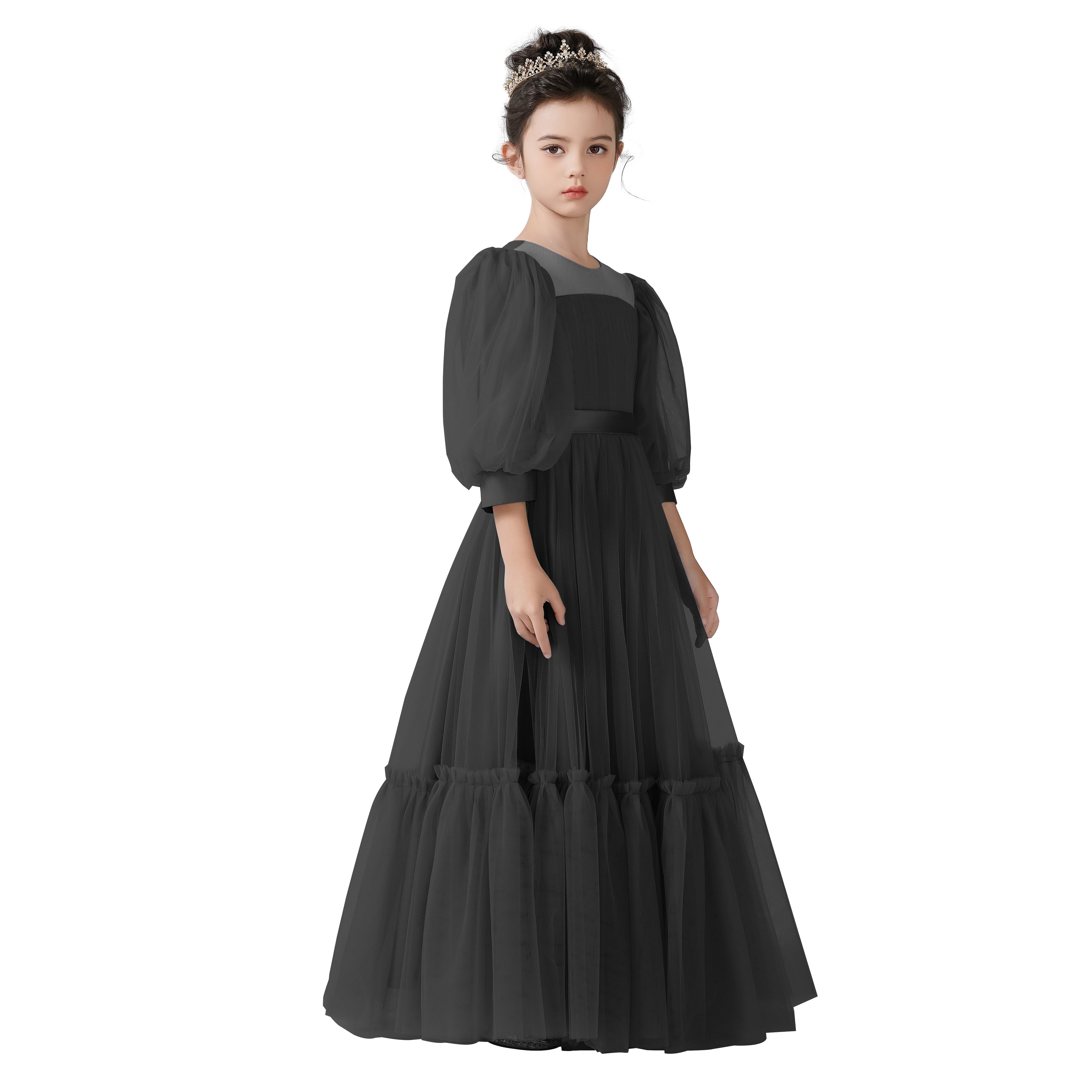 Dideyttawl Girls Dusty Blue Princess Dress Long Sleeve Tulle Ball Gown for Wedding Party