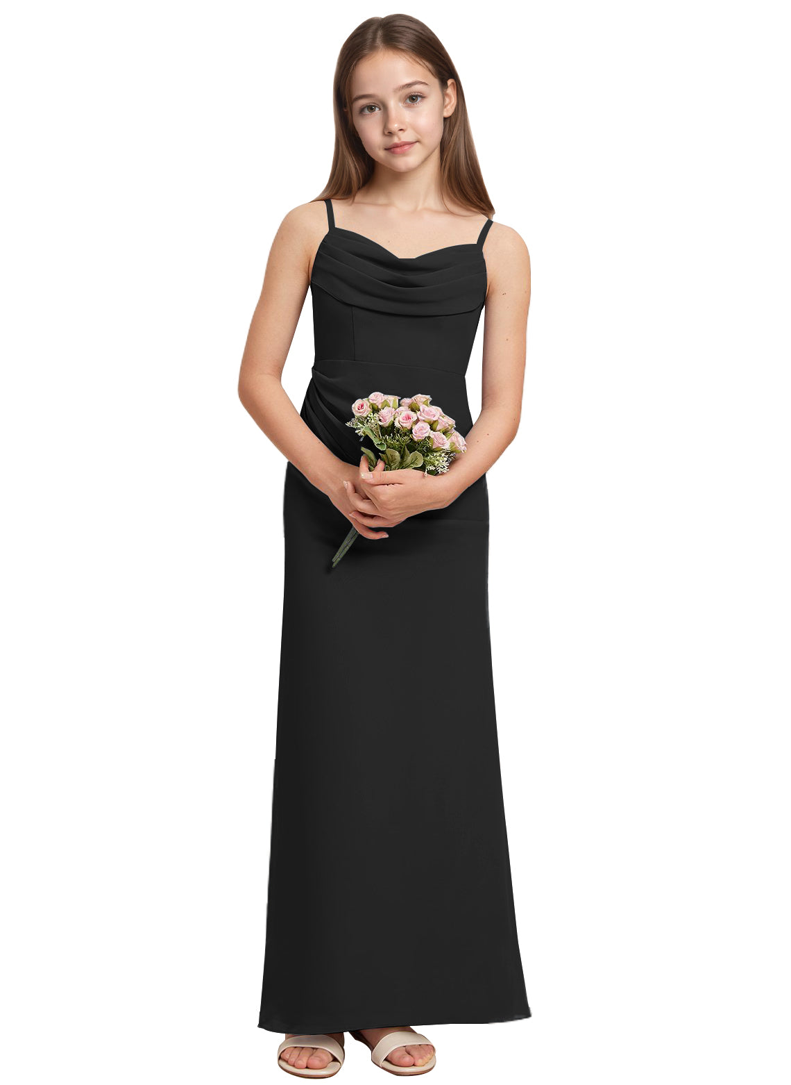 dideyttawl Long Sheathe Junior Bridesmaid Dresses for Girls Chiffon A-Line Ruched Cowl Neck Wedding Flower Girls Dress 2512