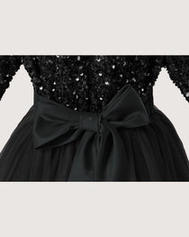 Black Details Sequin Long Sleeve Flower Girl Dress