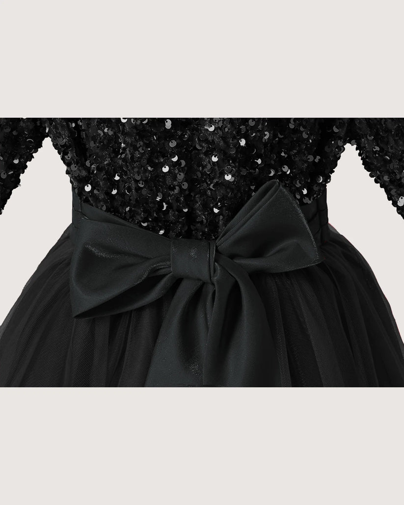 Black Sequin A-line Girls Formal Dress Back View