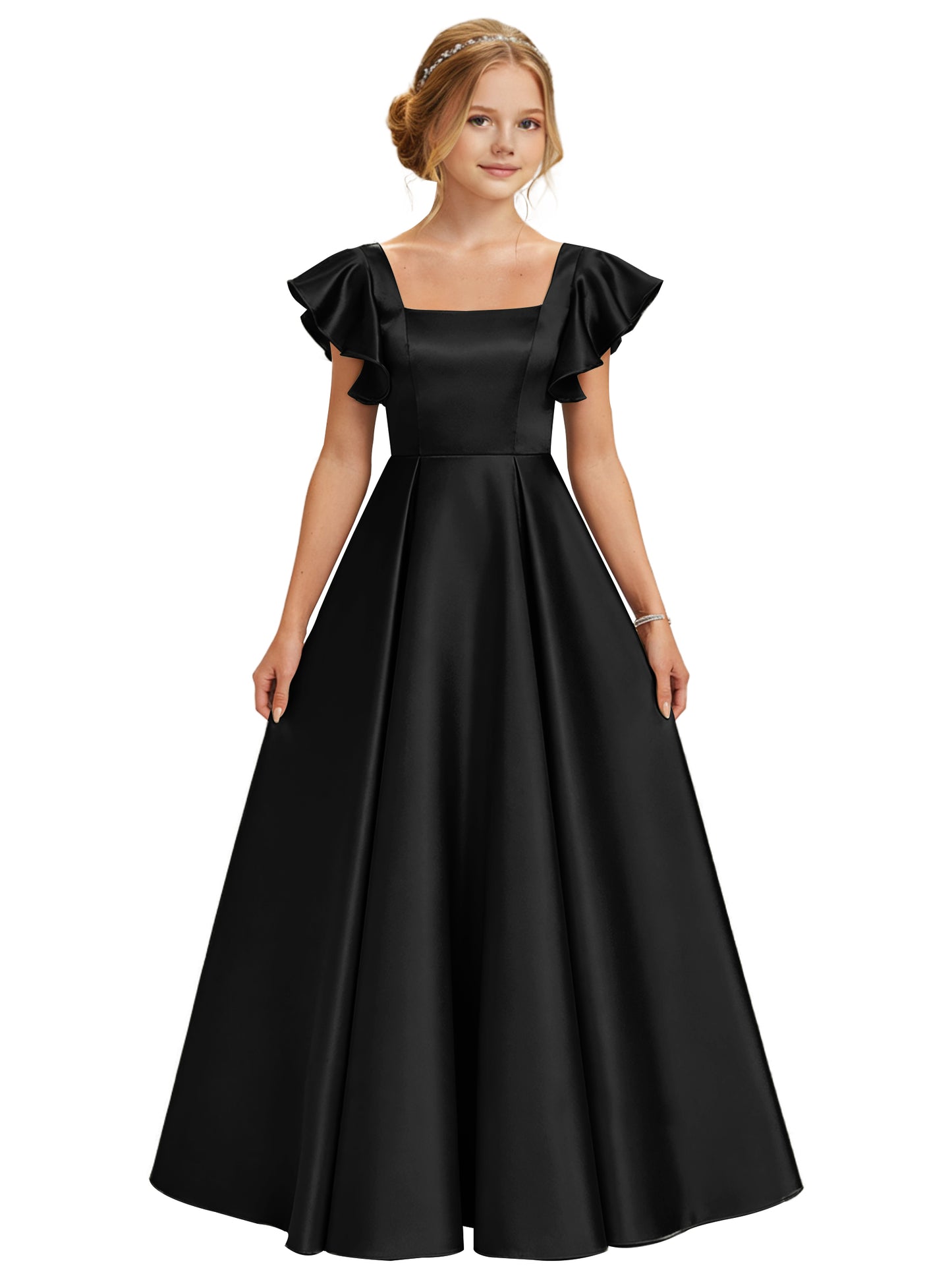 dideyttawl 2026 Girls Satin Prom Ball Gown Princess Dress Maxi Ruffle Sleeve Junior Bridesmaid Flower Girl Dresses 2546