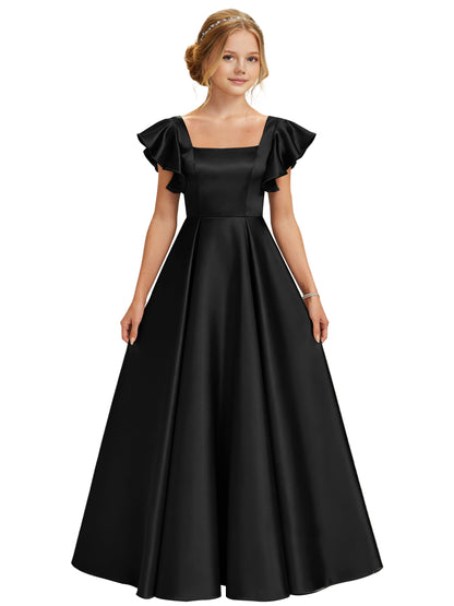 dideyttawl 2026 Girls Satin Prom Ball Gown Princess Dress Maxi Ruffle Sleeve Junior Bridesmaid Flower Girl Dresses 2546
