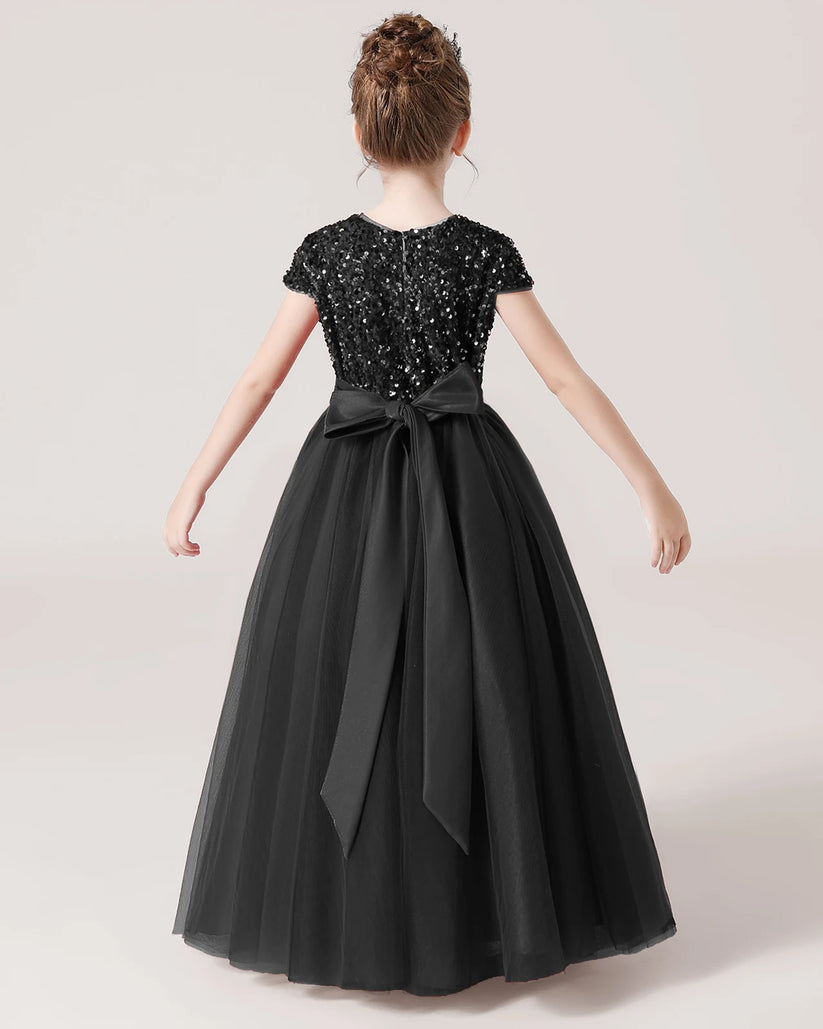 Black Sequin Tulle A-line Girls Formal Dress Back View