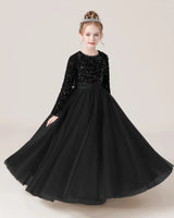 Black Sequin Tulle A-line Girls Formal Dress Front View