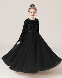 Black Front Sequin Long Sleeve Flower Girl Dress