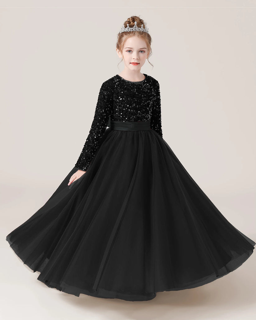 Black Sequin Tulle A-line Girls Formal Dress Front View