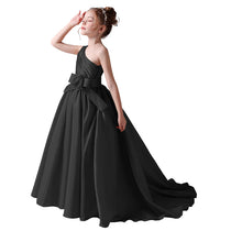 Dideyttawl Flower Girls Pageant Dresses One Shoulder Sleeveless Formal Satin Dress for Wedding Guest Princess Ball Gown Flower Belt Dress