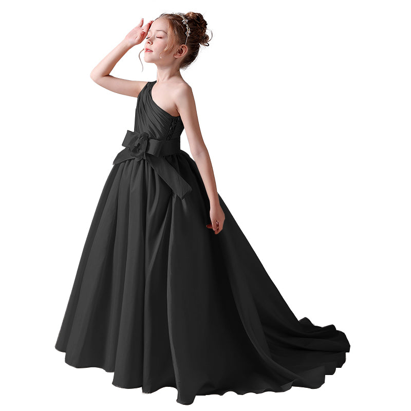 Dideyttawl Flower Girls Pageant Dresses One Shoulder Sleeveless Formal Satin Dress for Wedding Guest Princess Ball Gown Flower Belt Dress