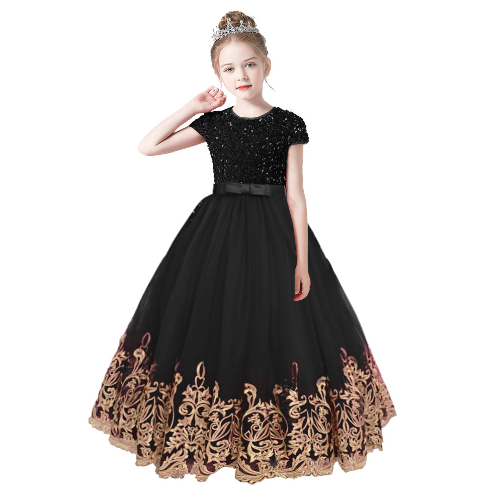 Flower Girls Dress Gold Embroidery Appliqued Puff Tulle Short Sleeves Sequins Party Dress