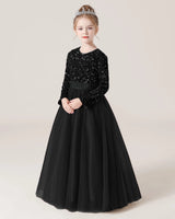 Black Sequin Tulle A-line Girls Formal Dress Front View