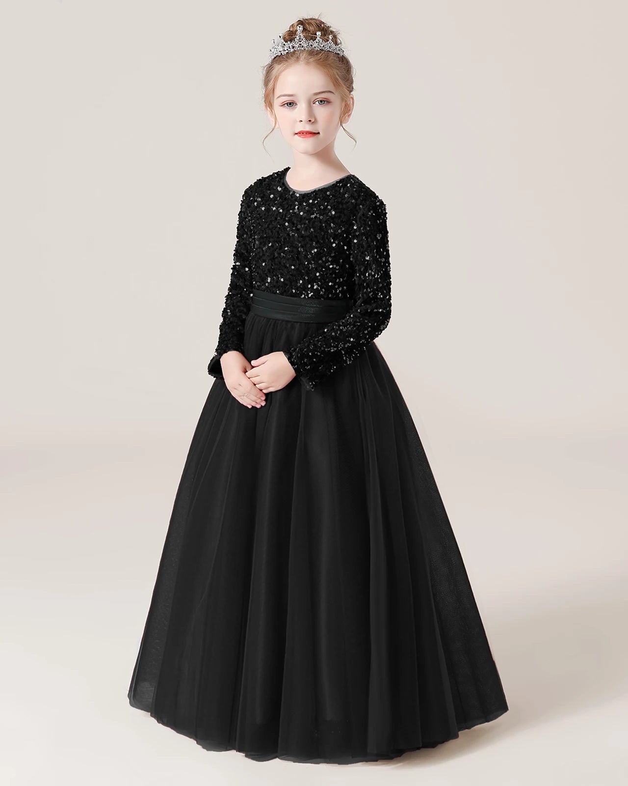 Black Front Sequin Long Sleeve Flower Girl Dress