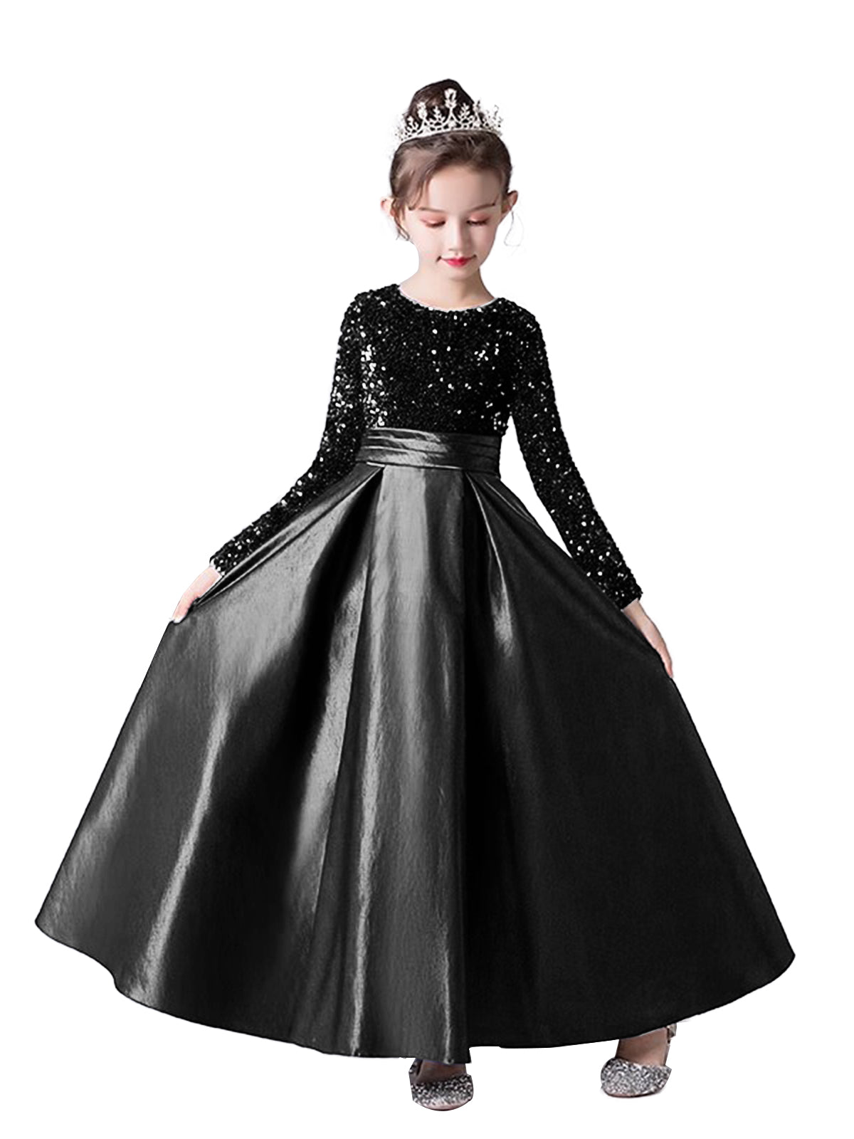 Crew Neck Long Sleeves Sequins Dresses Shining Flower Girls Dress Sparkling Piano Recital Dresses Elegant Satin Party Gown