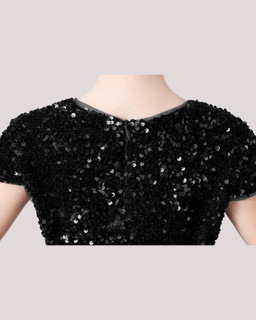 Black Sequin A-line Girls Formal Dress Back View