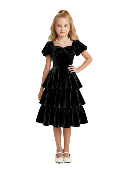 dideyttawl Girls Pleated Velvet Knee Length Junior Bridesmaid Dress with Short Lantern Sleeves 2543