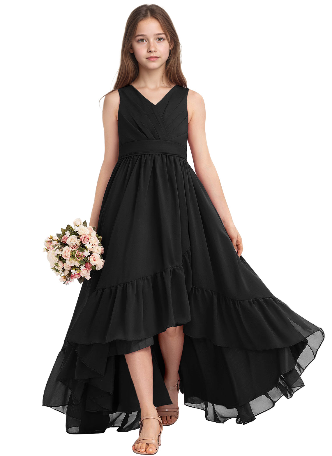 dideyttawl A-Line High Low Flower Girls Dress Long V-Neck Junior Bridesmaid Dresses for Teens Pleated Chiffon 2511