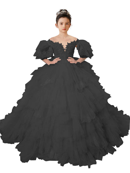 Flower Girl Dresses Lace Appliqued Puffy Sleeves Floor Length Long Train Princess Dresses