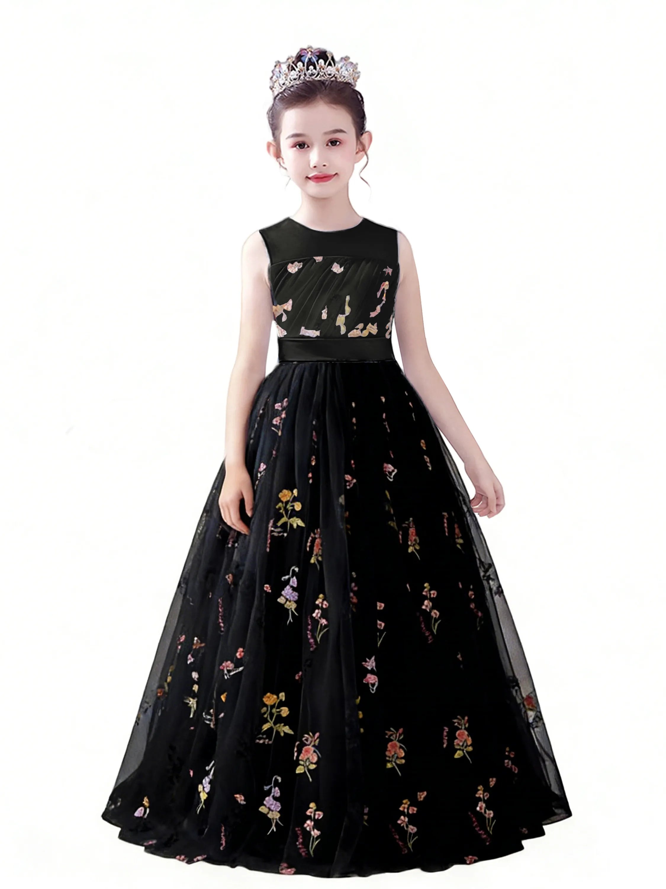 dideyttawl  Floral Tulle Girls Formal Dress Sleeveless Pageant  Prom Gown 2554
