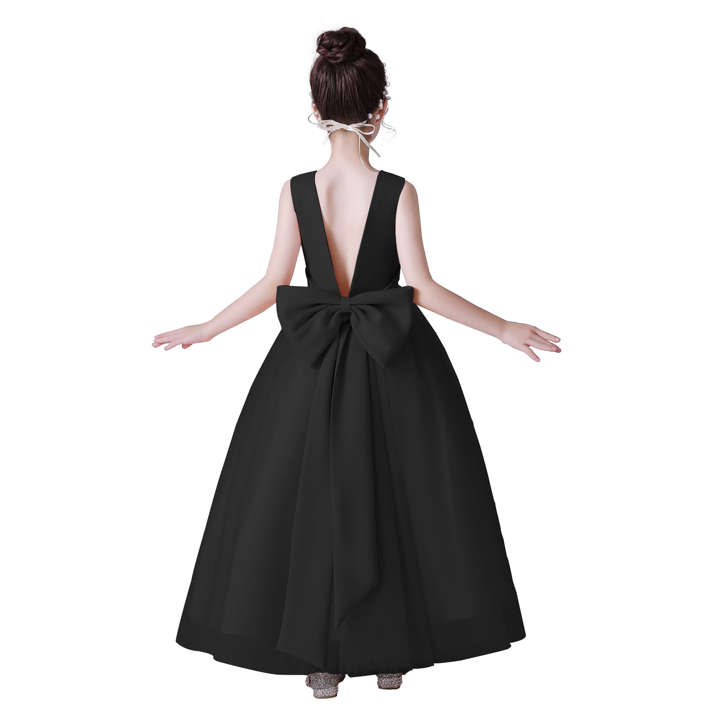 Dideyttawl Big Bow V-Back Satin Tulle Flower Girl Dress with Pearls Puffy Princess Ball Gown