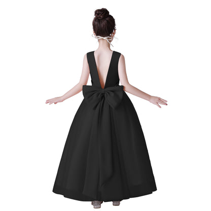 Dideyttawl Big Bow V-Back Satin Tulle Flower Girl Dress with Pearls Puffy Princess Ball Gown
