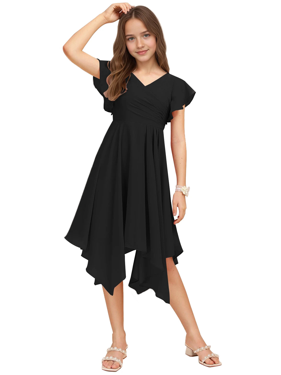 Dideyttawl Dusty Rose Junior Bridesmaid Chiffon Flutter Sleeve A-Line Dress