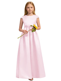 Dideyttawl White Junior Bridesmaid Dress Cap Sleeve Satin Ball Gown