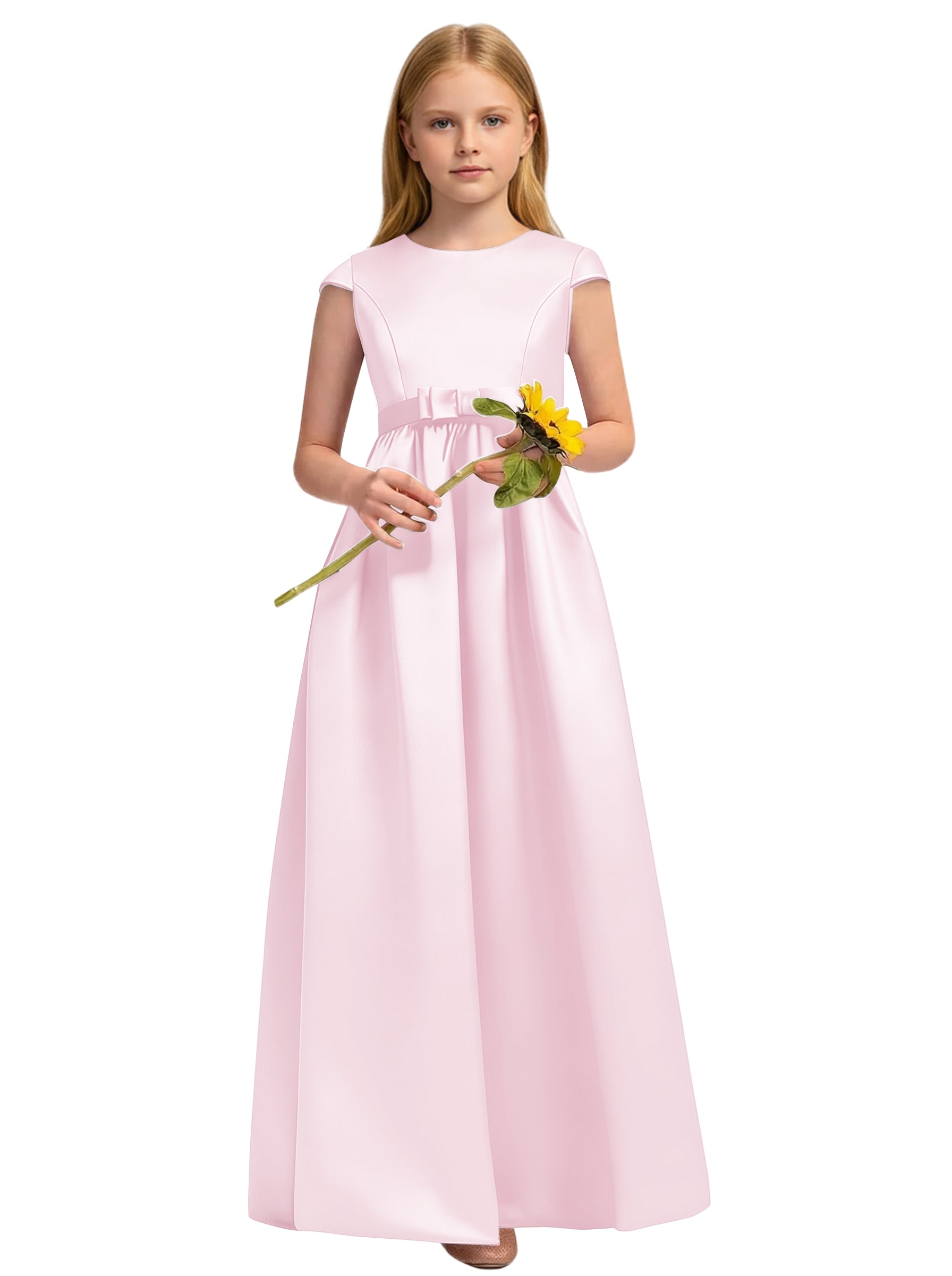 Dideyttawl White Junior Bridesmaid Dress Cap Sleeve Satin Ball Gown