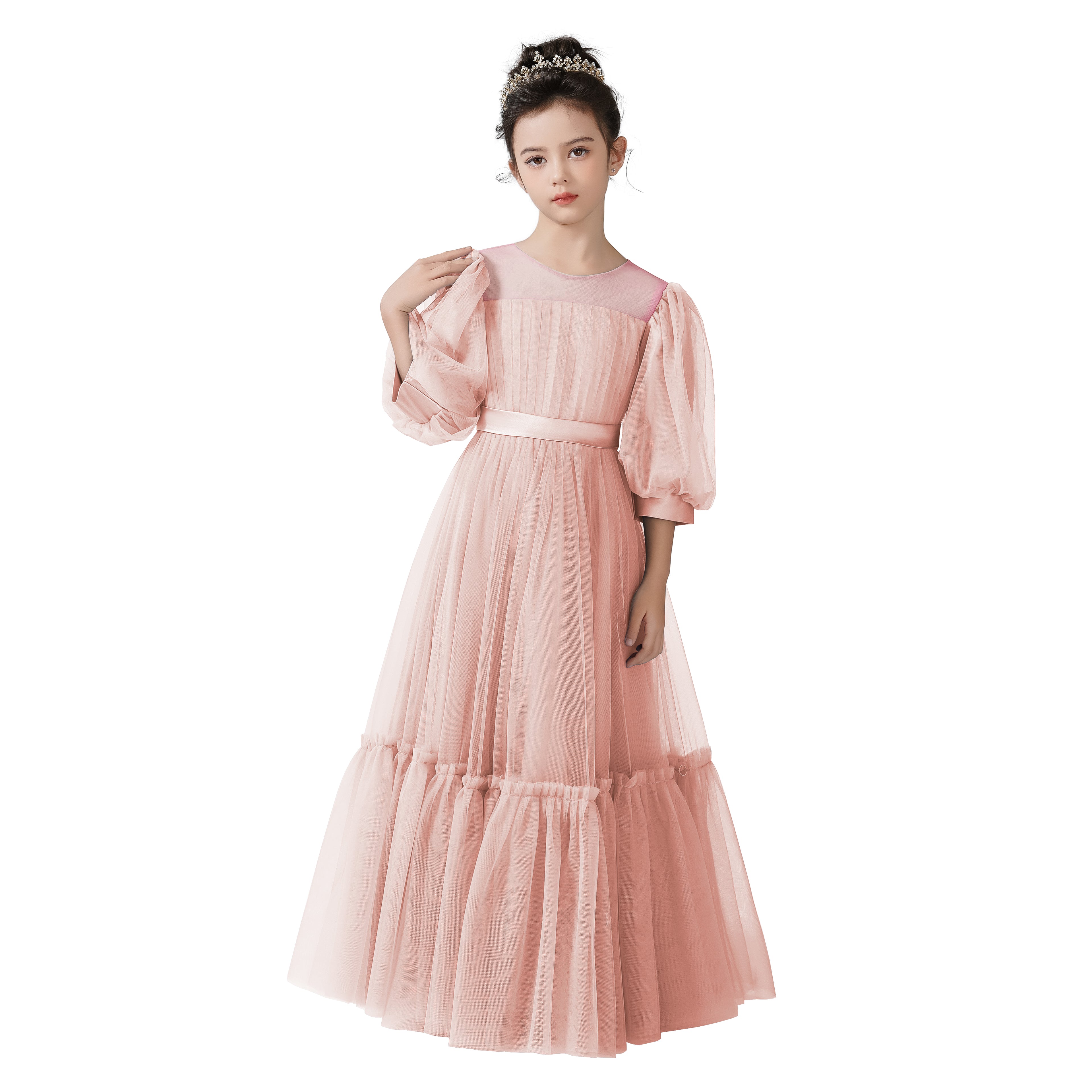 Dideyttawl Girls Dusty Blue Princess Dress Long Sleeve Tulle Ball Gown for Wedding Party