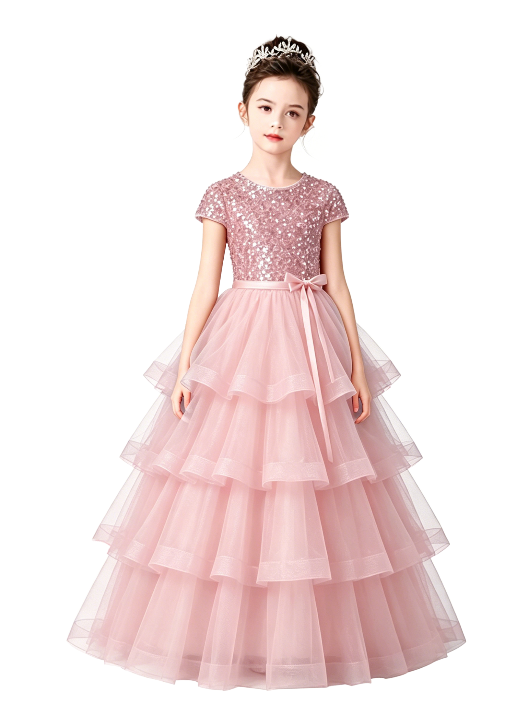 Dideyttawl Champagne Pageant Dress Sequin Tiered Tulle Ball Gown
