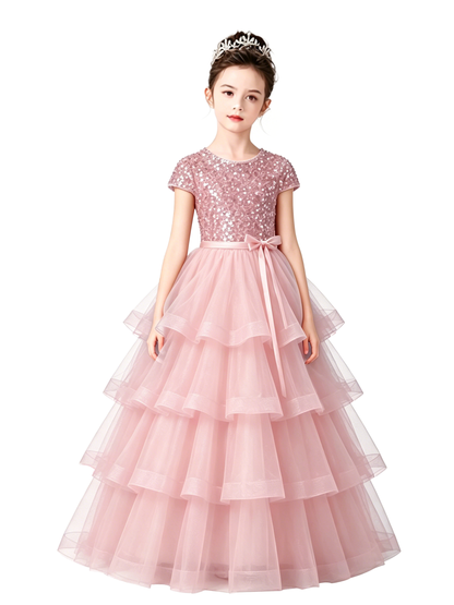 Dideyttawl Puffy Flower Girls Dress Sequins Flower Girl Dresses Sparkly Cap Sleeves Junior Bridesmaid Dress 648