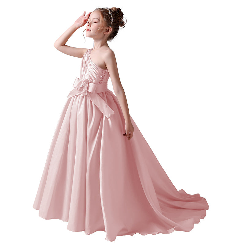 Dideyttawl Flower Girls Pageant Dresses One Shoulder Sleeveless Formal Satin Dress for Wedding Guest Princess Ball Gown Flower Belt Dress