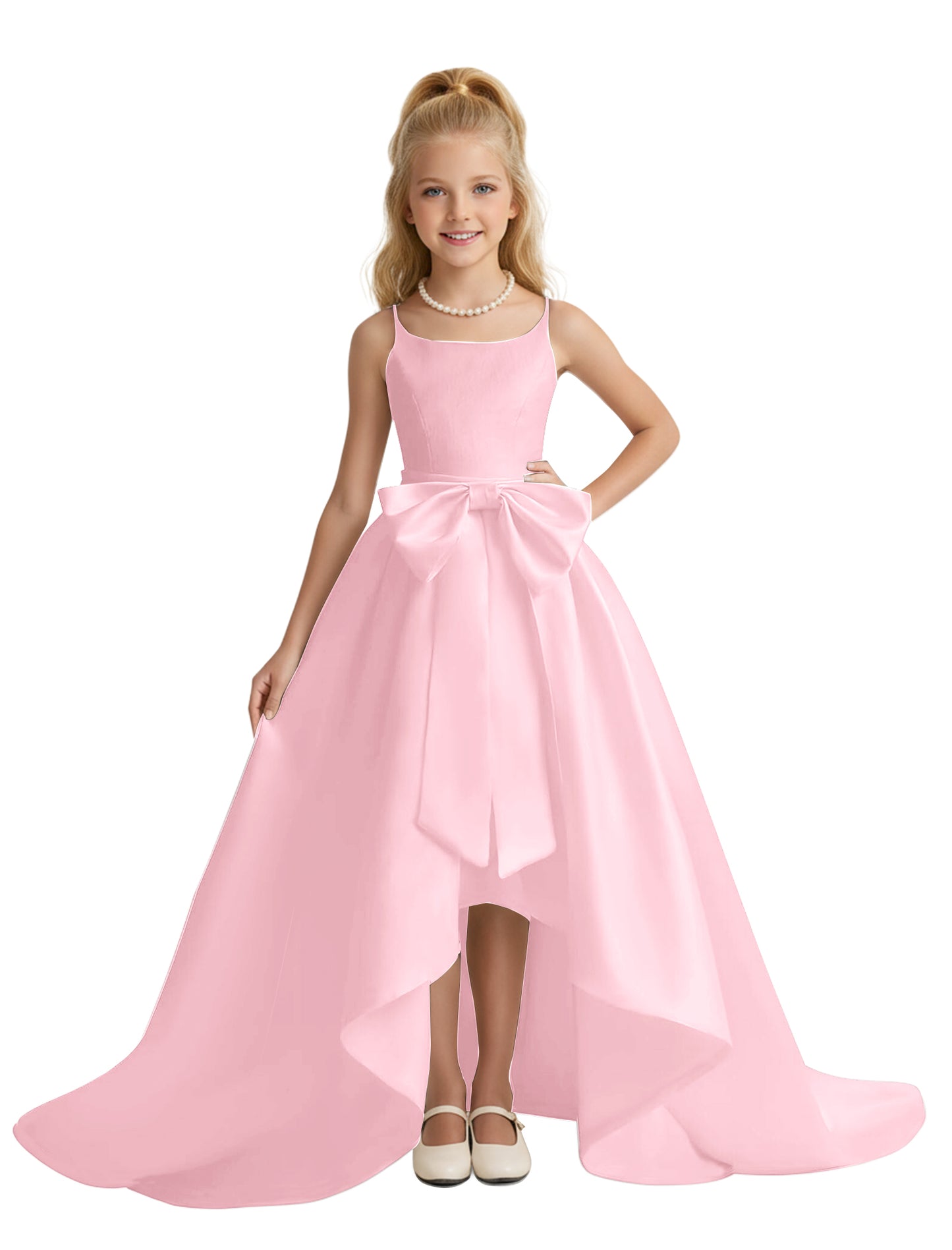 dideyttawl High-Low Big Bow Junior Bridesmaid Dresses for Girls 4-16 Satin A-Line Pageant Formal Party Dress 2535