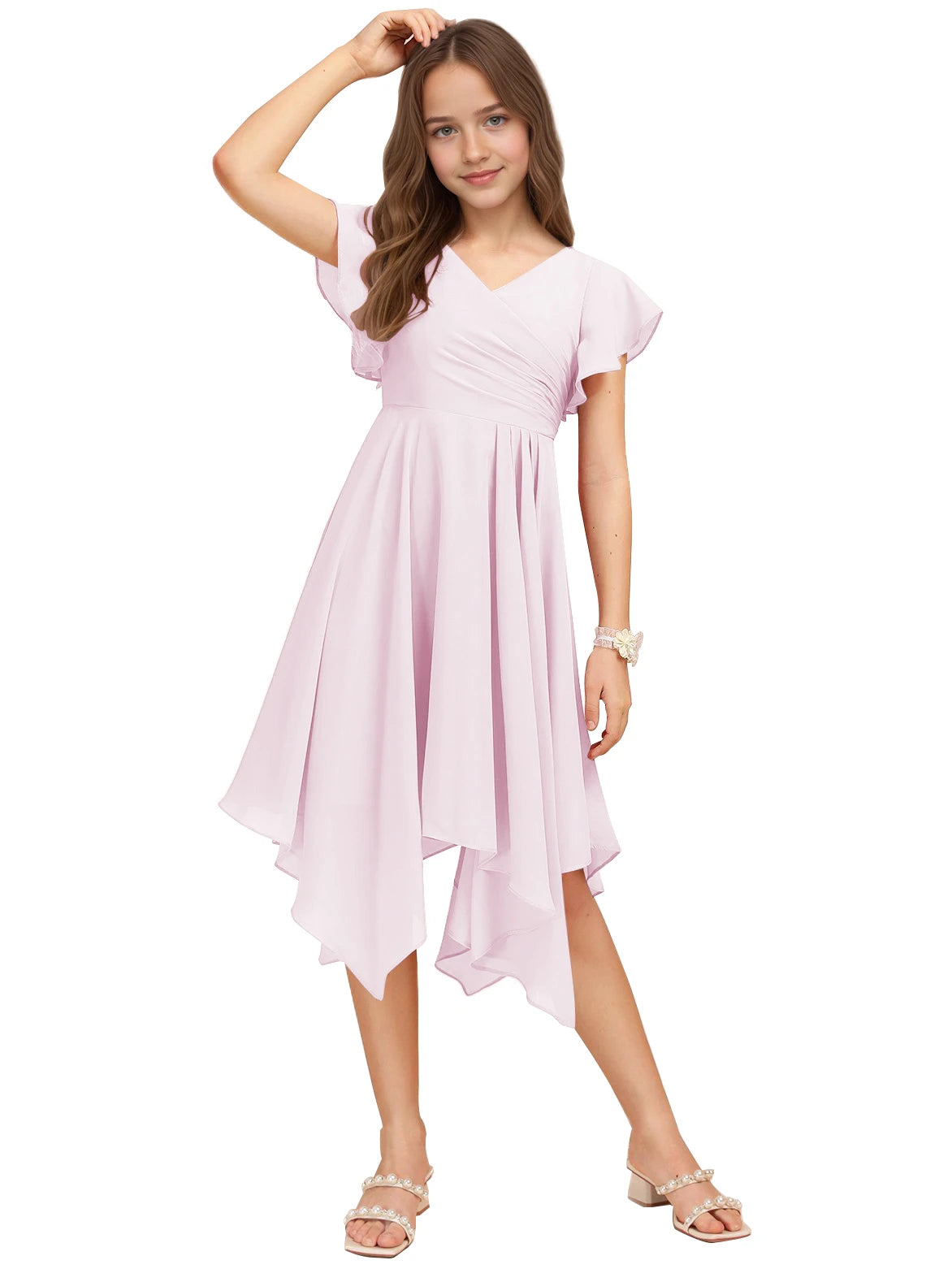 Dideyttawl Dusty Rose Junior Bridesmaid Chiffon Flutter Sleeve A-Line Dress