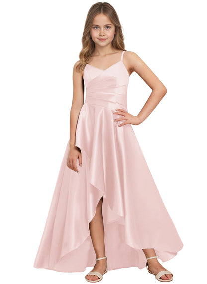 dideyttawl High Low Junior Bridesmaid Dress V-Neck Silk Satin Flower Girl Dress Sleeveless Formal Special Occasion Dress for Wedding 2523