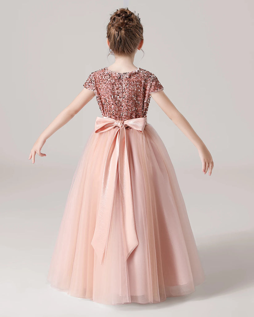 Blush Pink Tulle A-line Girls Formal Dress Back View