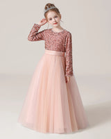 Blush Pink Sequin Tulle A-line Girls Formal Dress Front View