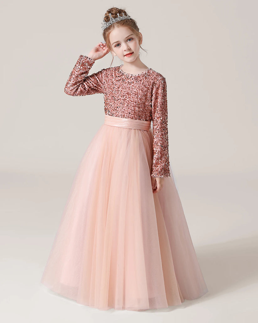 Blush Pink Sequin Tulle A-line Girls Formal Dress Front View