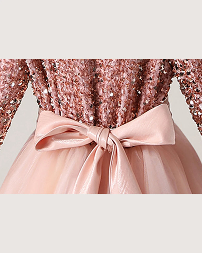 Blush Pink Sequin A-line Girls Formal Dress Back View