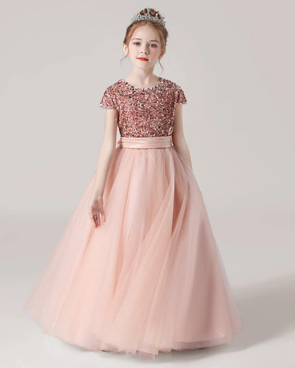 Blush Pink Front Tulle Flower Girls Dress