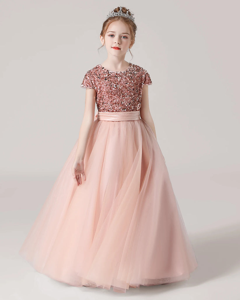 Blush Pink Tulle A-line Girls Formal Dress Front View