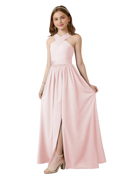 dideyttawl Junior Bridesmaid Dresses for Teen Girls Satin Halter A-Line Flower Girl Dress for Wedding 2531