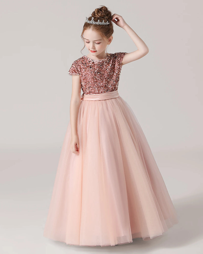 Blush Pink Tulle A-line Girls Formal Dress Front View