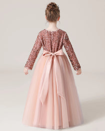Blush Pink Back Sequin Long Sleeve Flower Girl Dress