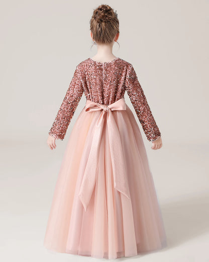 Blush Pink Back Sequin Long Sleeve Flower Girl Dress